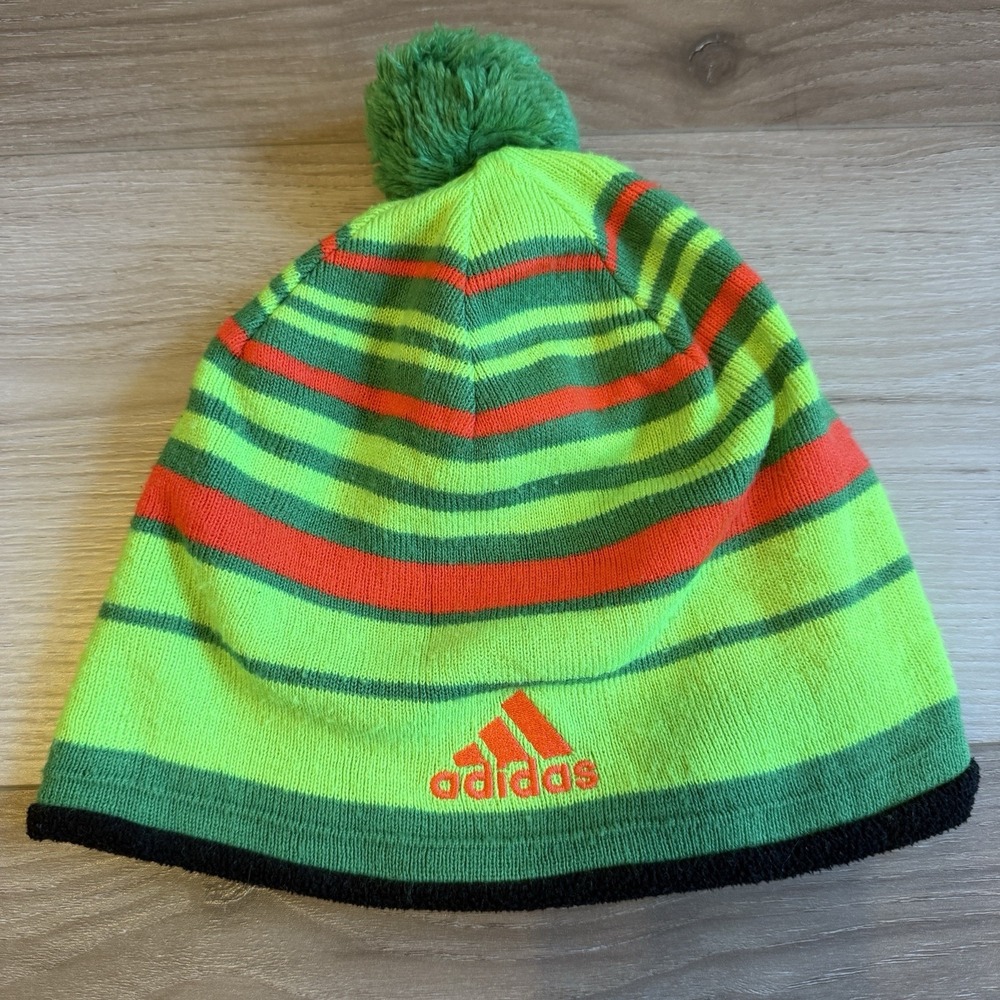 Adidas Green Striped Beanie with Embroidered Logo Pom One‎ Size